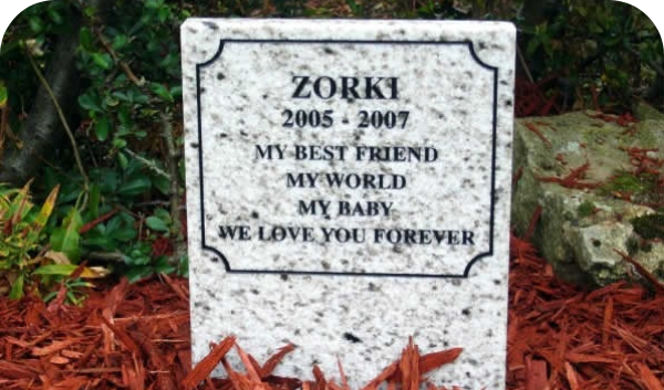 Pet memorials, white pet memorial stone with black writing