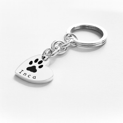 Silver Heart Pawprint Keyring